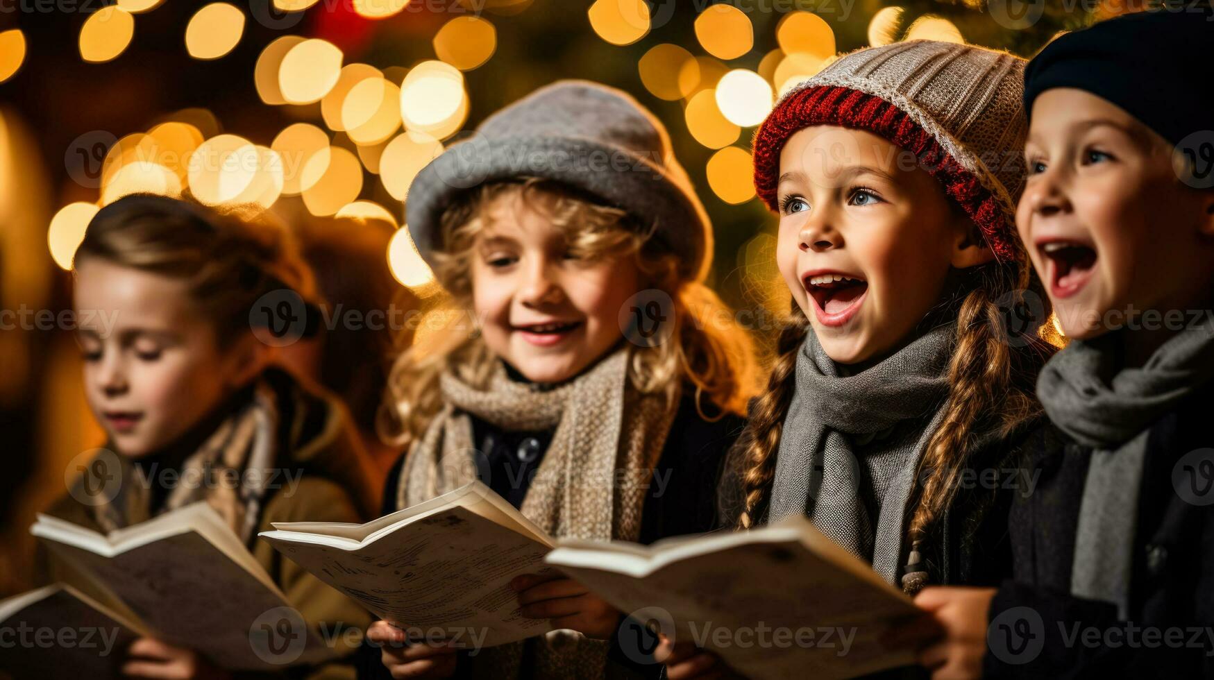 Enthusiastic carolers by a decorated Christmas tree photo