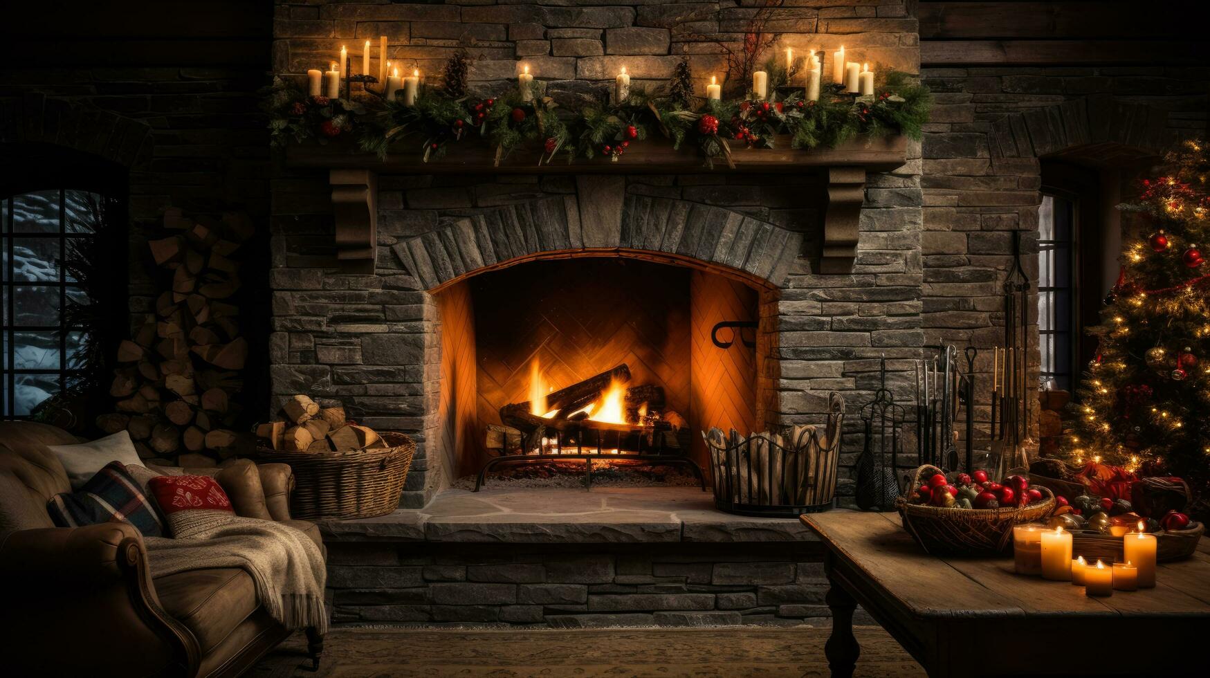 Cozy fireplace with stockings and holly photo