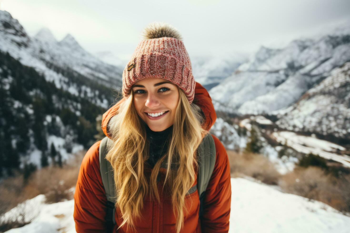 Woman enjoying a winter hike in the mountains in a cozy sweater photo