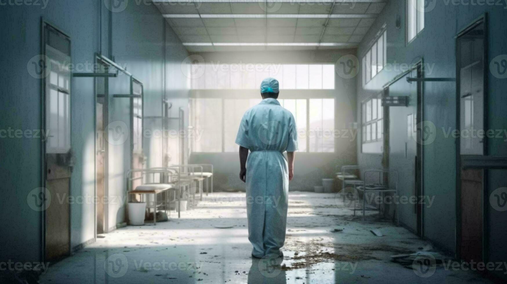 Doctor medical worker stands in the corridor in the hospital medical facility view from the back. AI generated photo