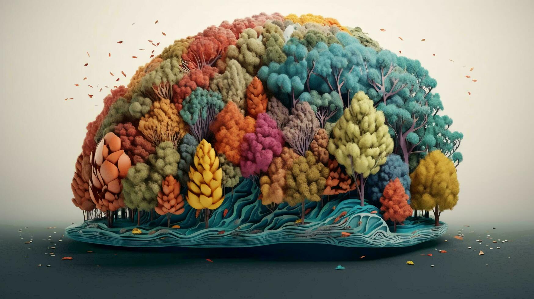 Abstract human brain made in the form of leaves and natural trees and plants. The concept of the unity of man and the nature of the environment. AI generated photo