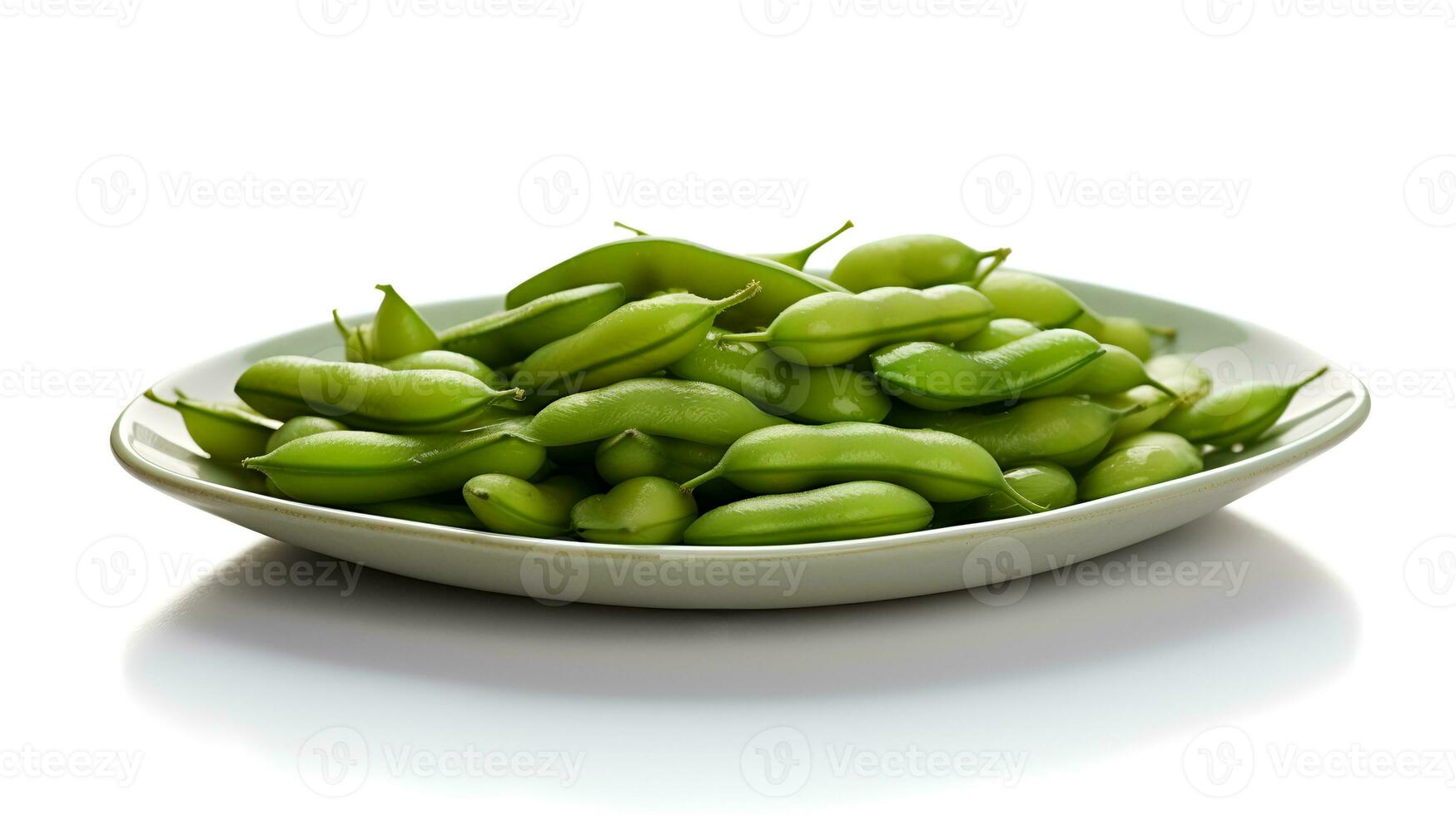 Photo of Green beans on minimalist plate isolated on white background