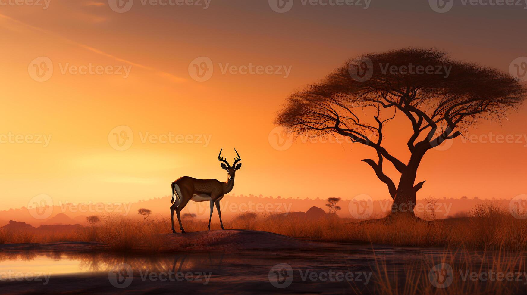 Photo of Impala on savanna at sunset. Generative AI