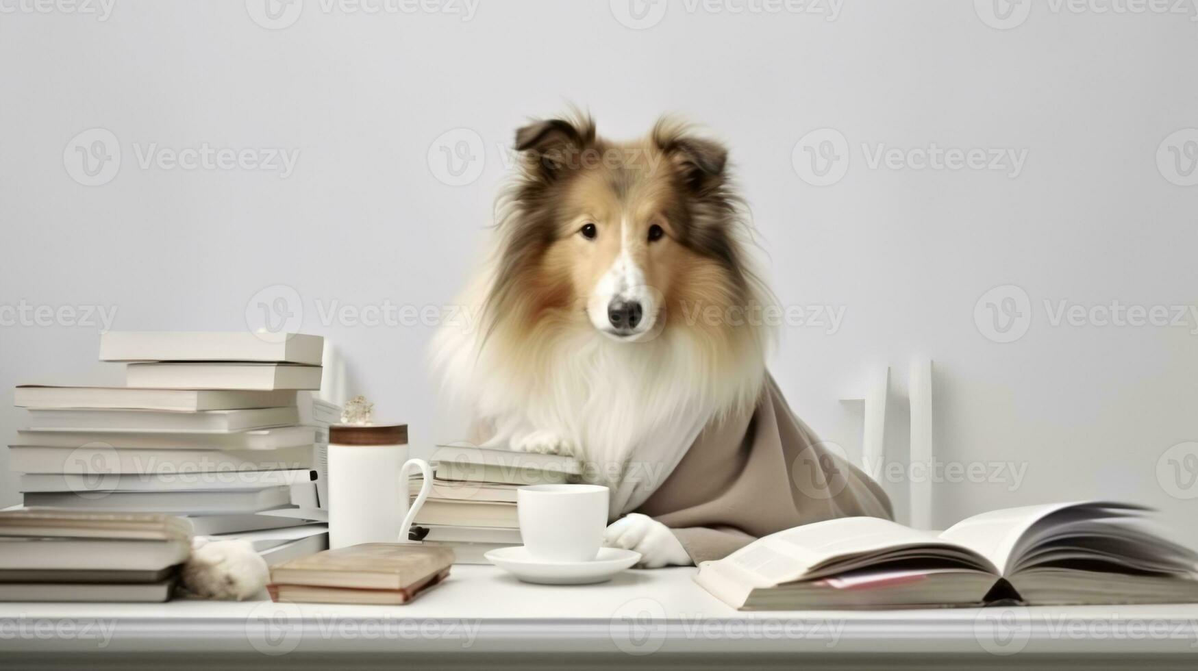a rough collie dog in a sweater sits studying accompanied by a cup and piles of books photo