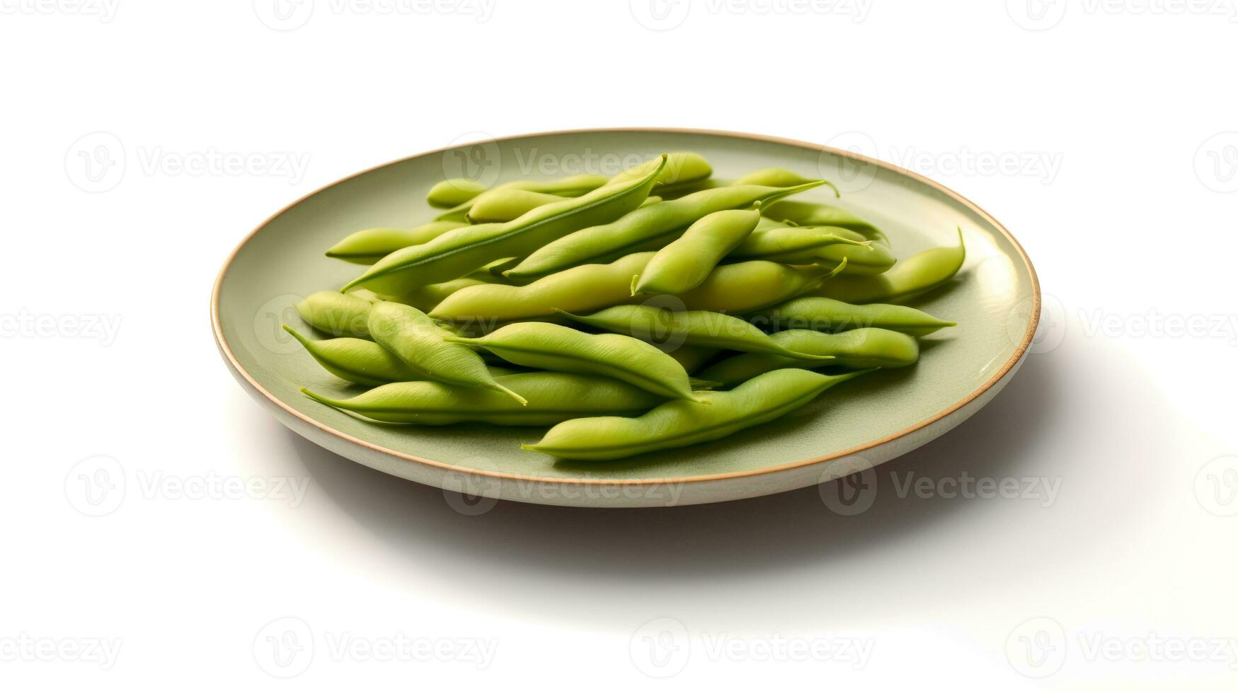 Photo of Green beans on minimalist plate isolated on white background