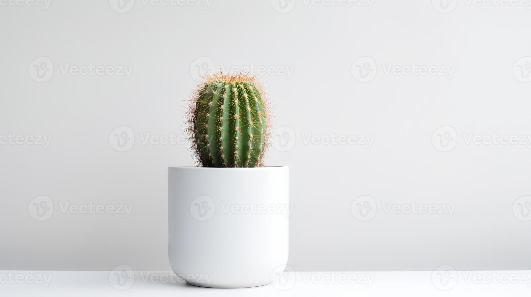 Photo of cactus in minimalist pot as houseplant for home decoration isolated on white background.