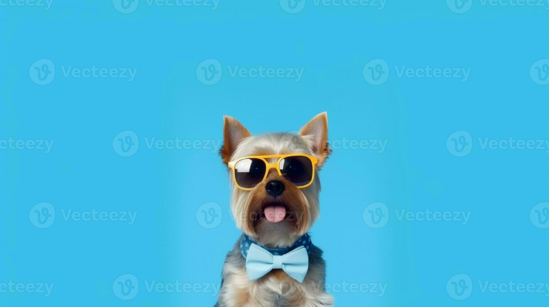 Photo of haughty yorkshire terrier using sunglasses  and office suit on white background