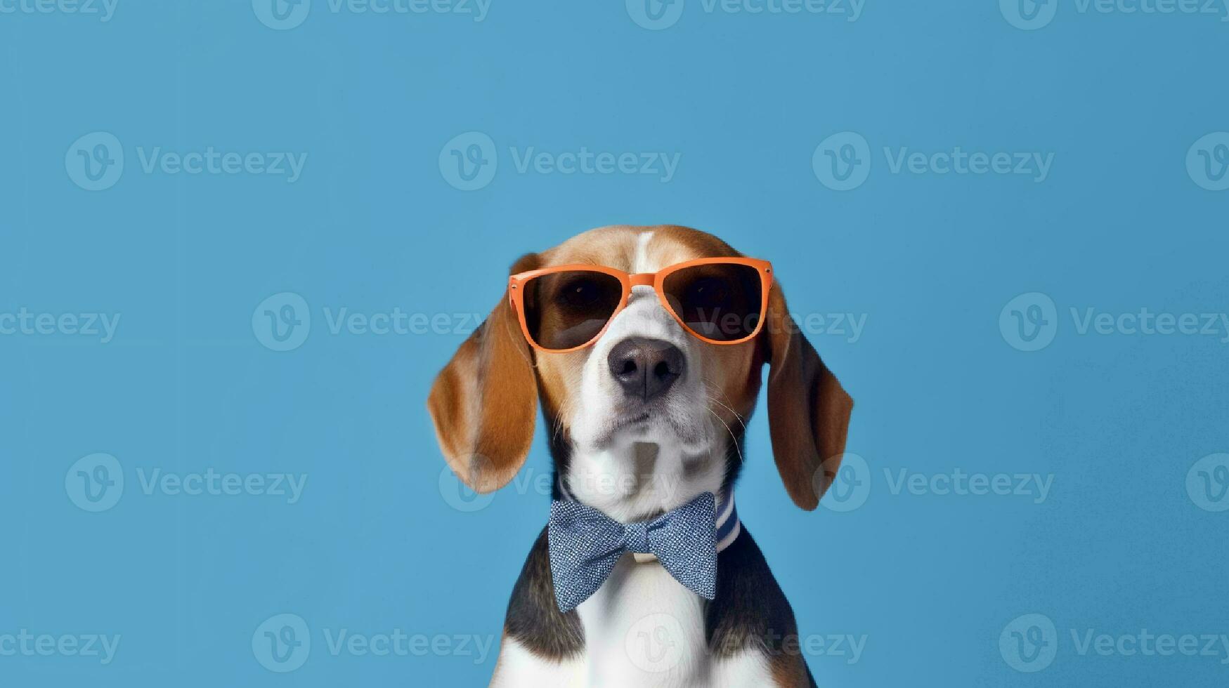 foto de arrogante beagle utilizando Gafas de sol y oficina traje en blanco antecedentes. generativo ai