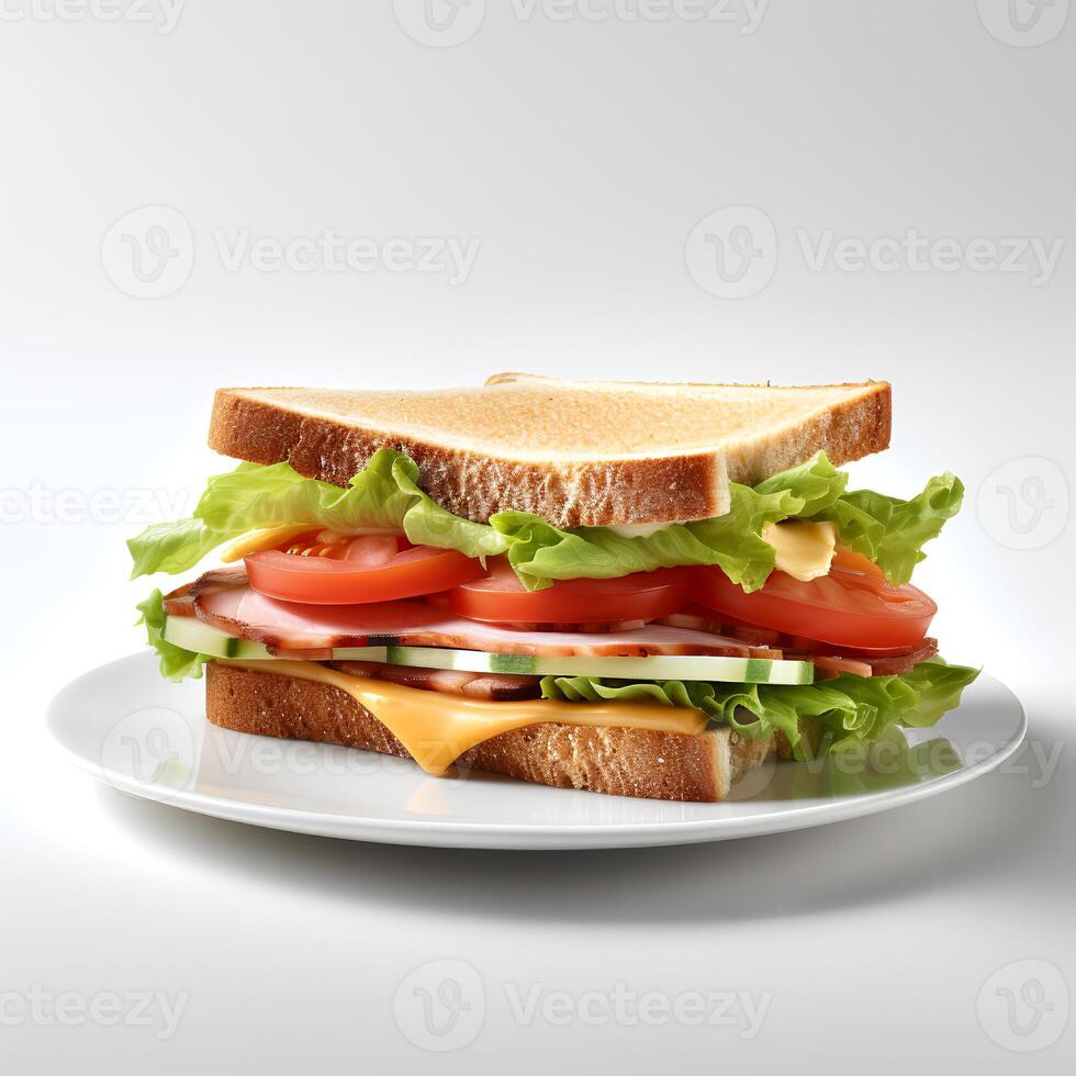 Food photography of sandwich on plate isolated on white background. Generative AI photo