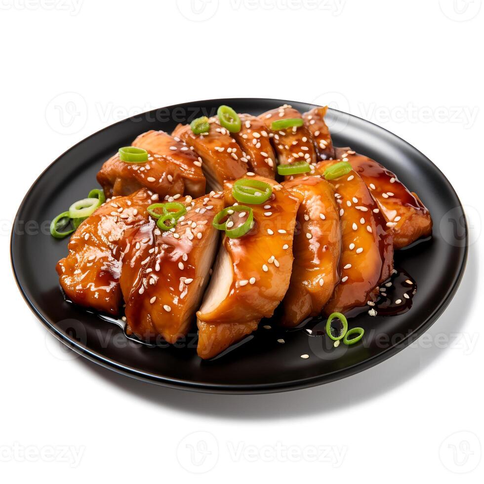 comida fotografía de teriyaki pollo en plato aislado en blanco antecedentes. generativo ai foto