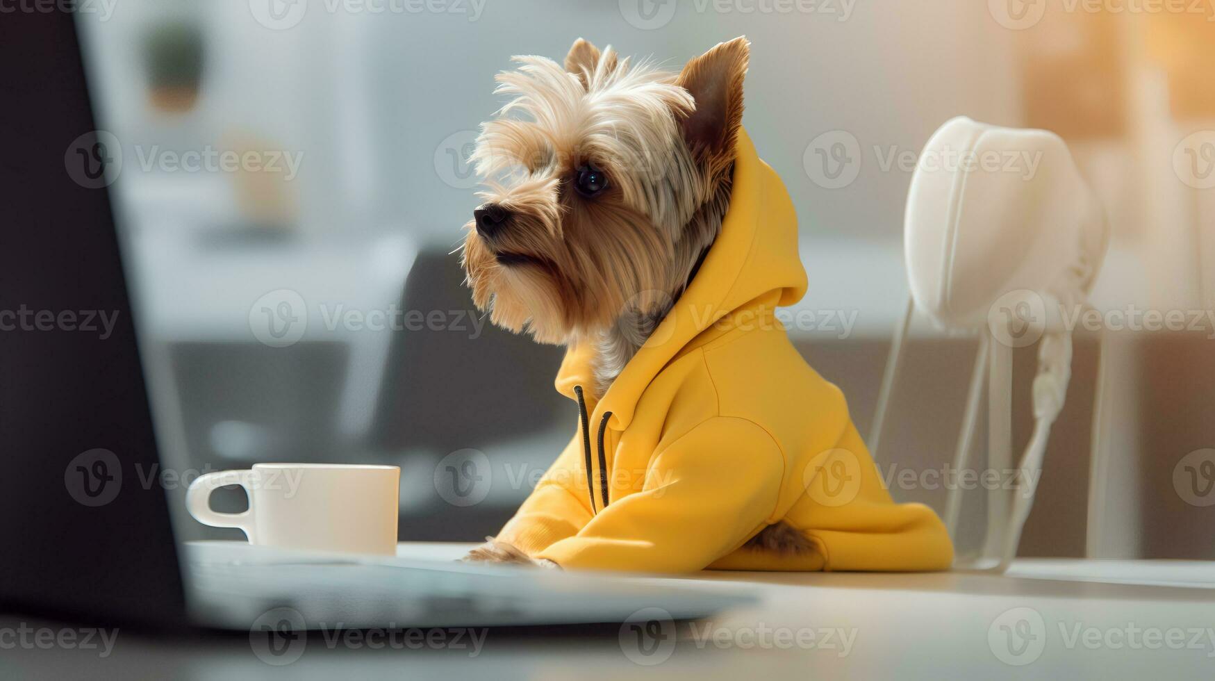 a yorkshire terrier dog in a yellow sweater sits studying accompanied by a cup and piles of books photo