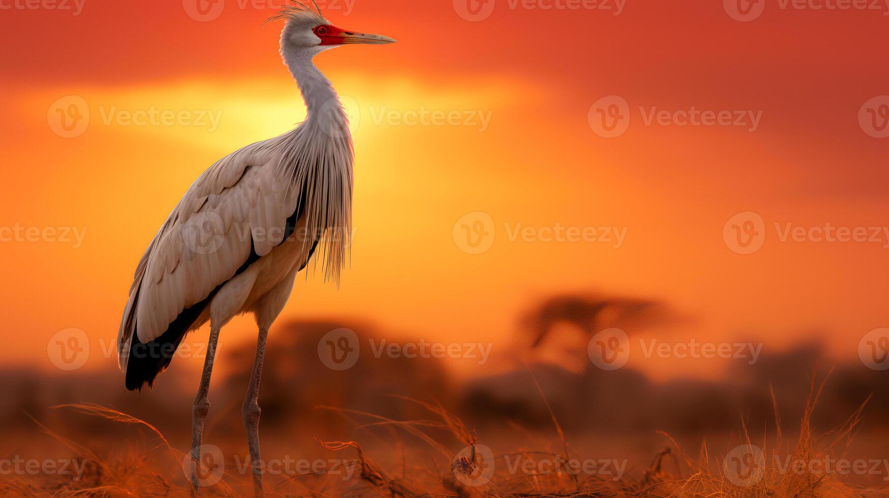 Photo of Secretary Bird on savanna at sunset. Generative AI