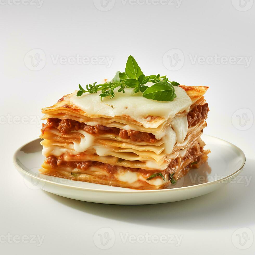Food photography of Lasagna on plate isolated on white background. Generative AI photo