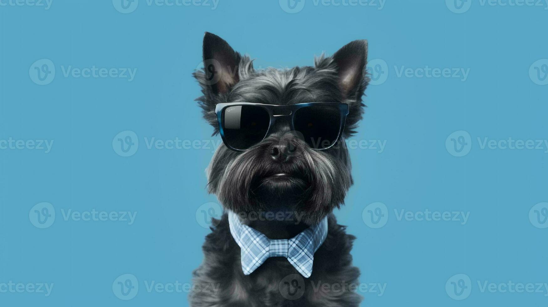 Photo of haughty Affenpinscher dog using glasses  and office suit on blue background