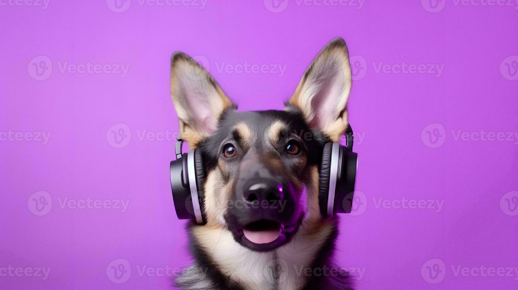 Photo of german shepherd using headphone  on purple background. Generative AI