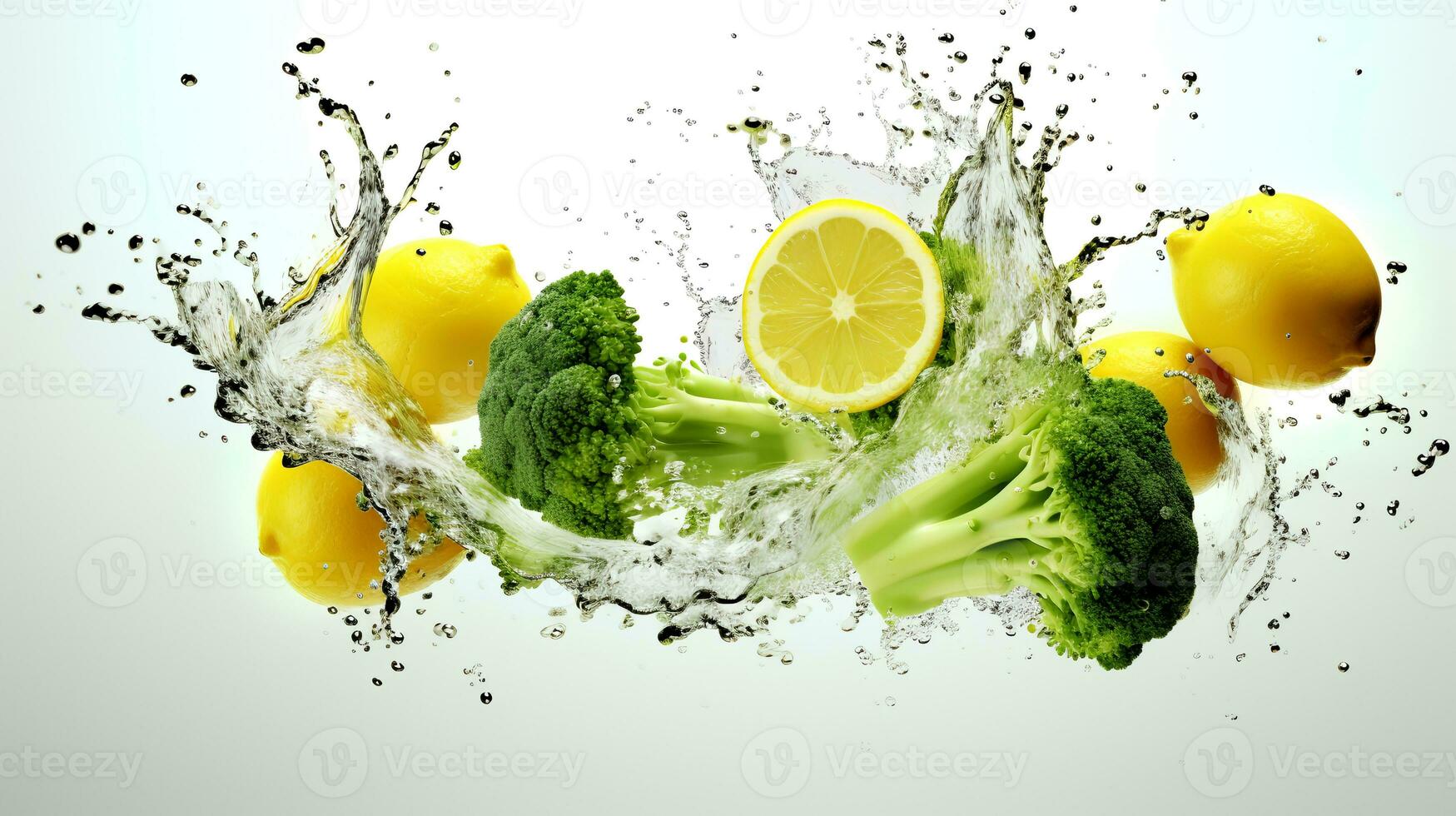 Photo of Broccoli and lemon with water splashes isolated on white background