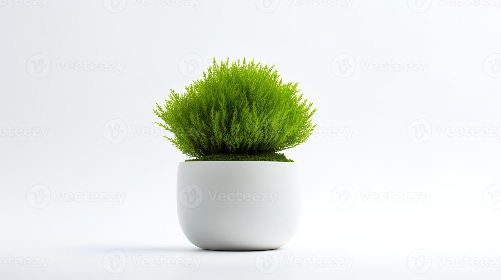 Photo of Java Moss in minimalist pot as houseplant for home decoration isolated on white background.
