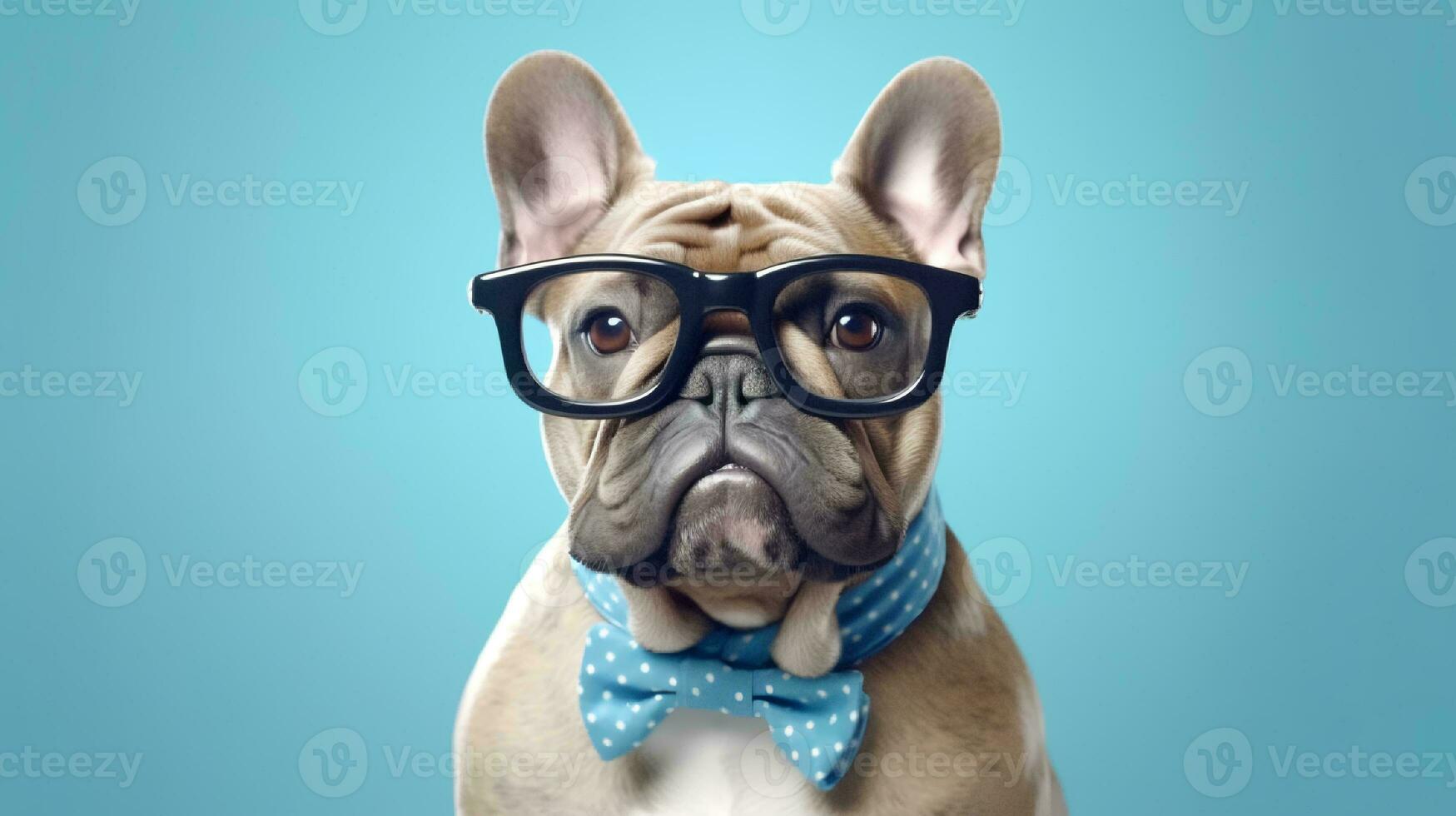 Photo of haughty Bulldog using glasses  and office suit on white background. Generative AI