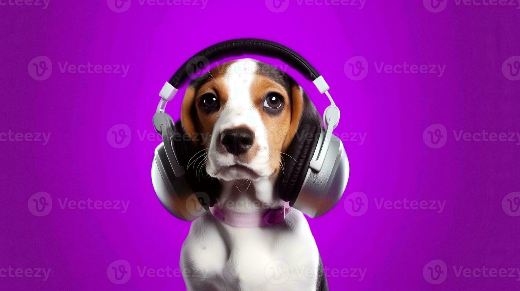 foto de beagle utilizando auricular en púrpura antecedentes