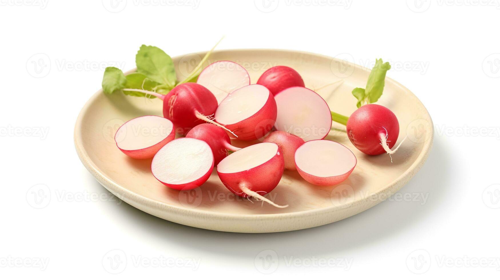 Photo of Rutabaga sliced pieces on minimalist plate isolated on white background