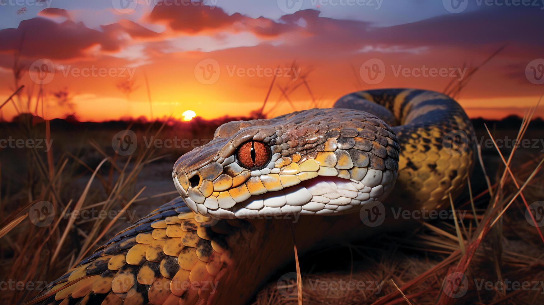 Photo of African Python on savanna at sunset.