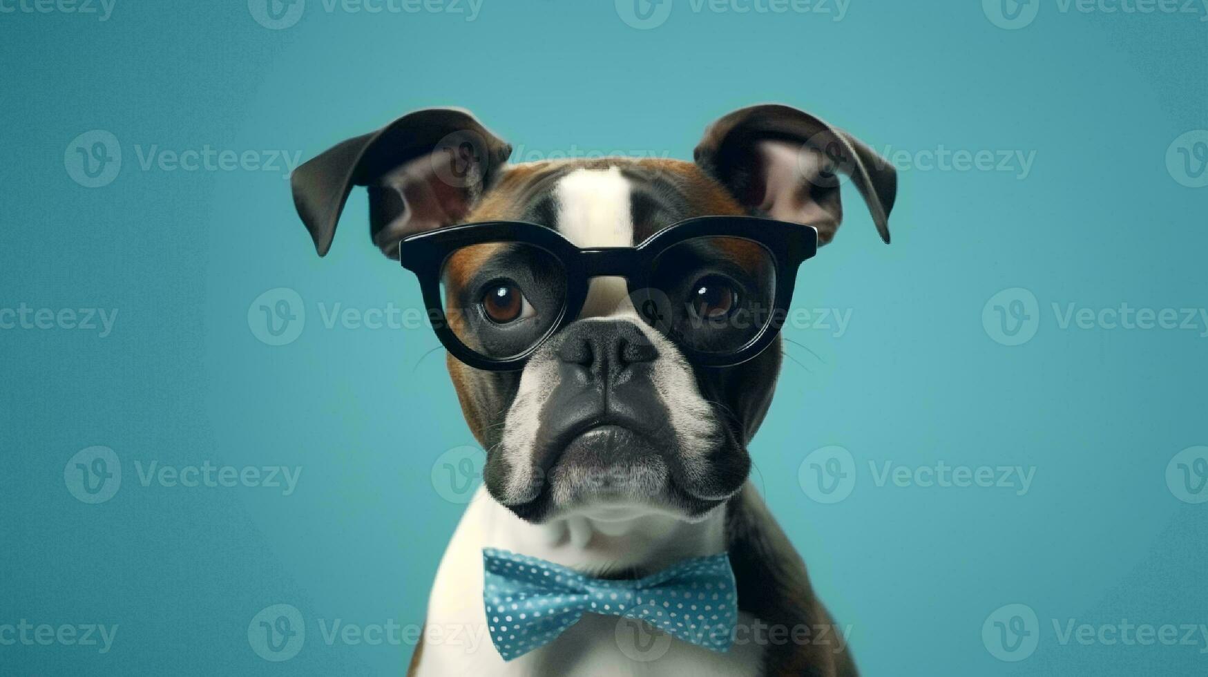 Boxer perro utilizando lentes en azul antecedentes. generativo ai foto