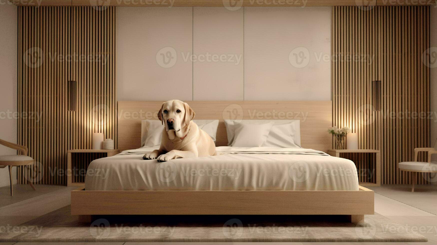 golden retriever dog lying on bed in hotel with contemporary interior design. Generative AI photo