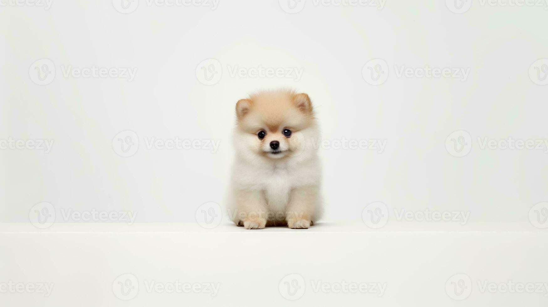 foto de un pomeranio perro en blanco antecedentes. generativo ai