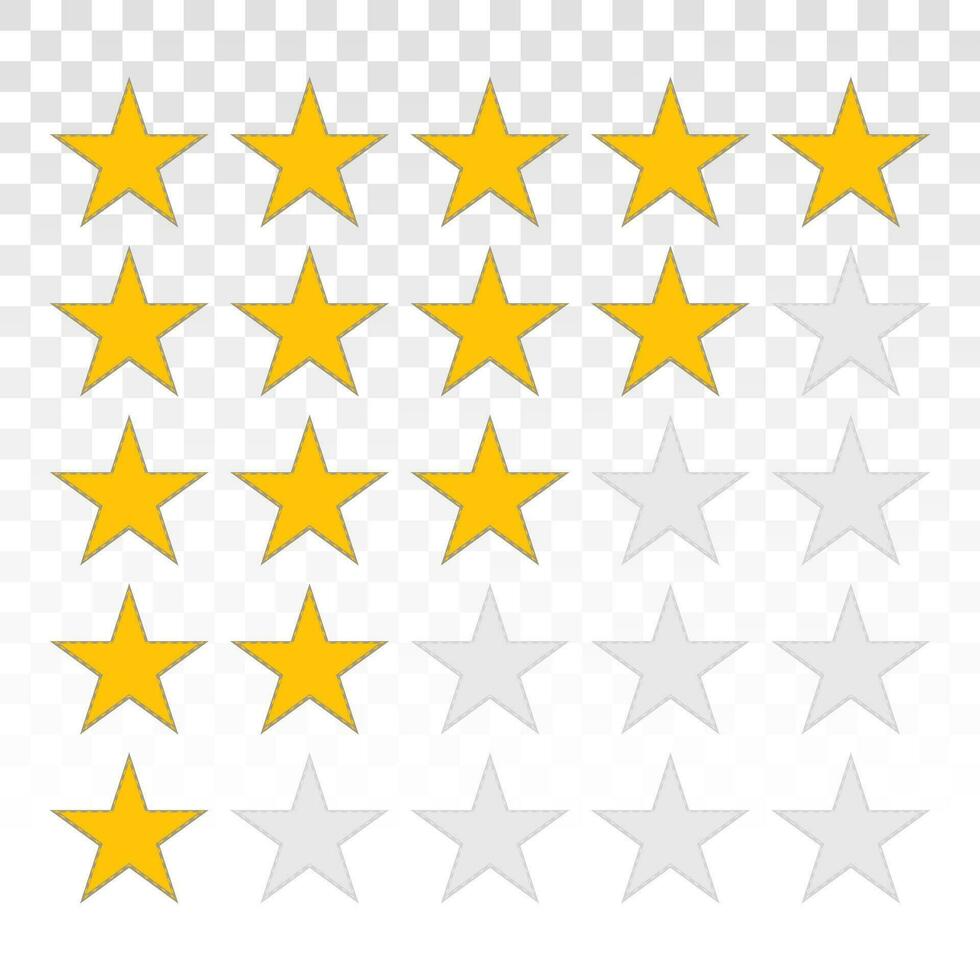 Product rating icons or customer reviews with gold star shapes for apps and websites vector
