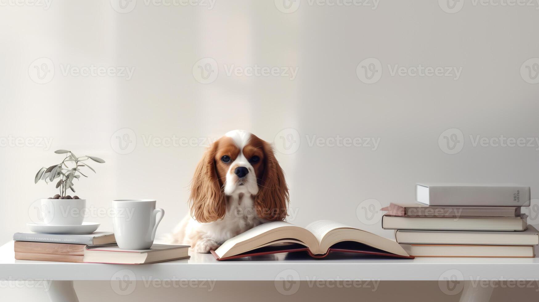 a cavalier dog sits studying accompanied by a cup and piles of books photo