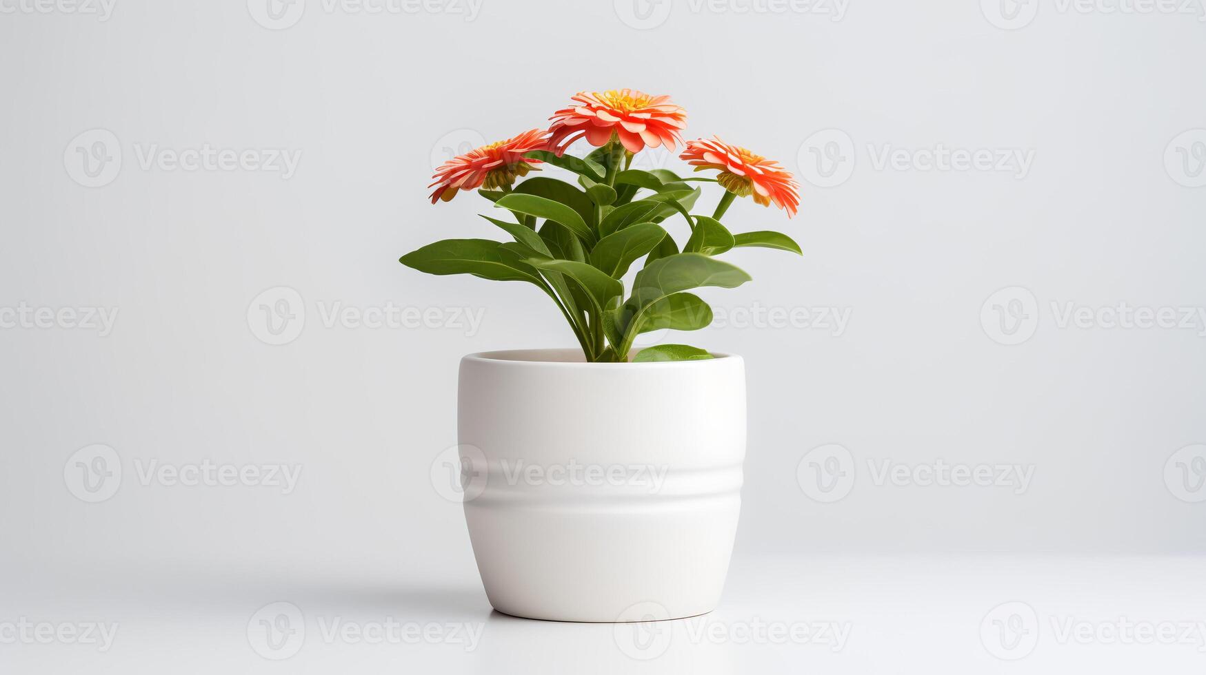 Photo of Zinnia in minimalist pot as houseplant for home decoration isolated on white background.