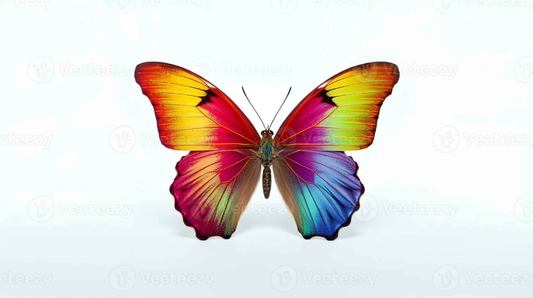 Photo of a rainbow butterfly on white background. Generative AI