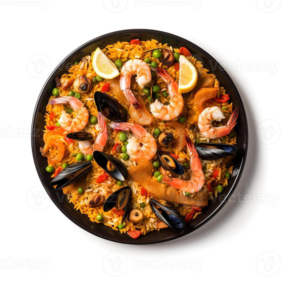 Food photography of Paella on plate isolated on white background. Generative AI photo