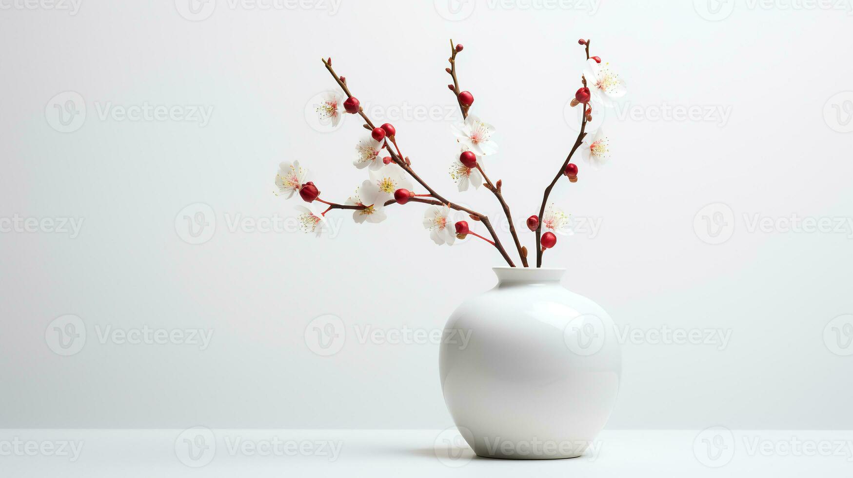 Photo of plum blossom in minimalist pot as houseplant for home decoration on white table on bright background. Generative AI