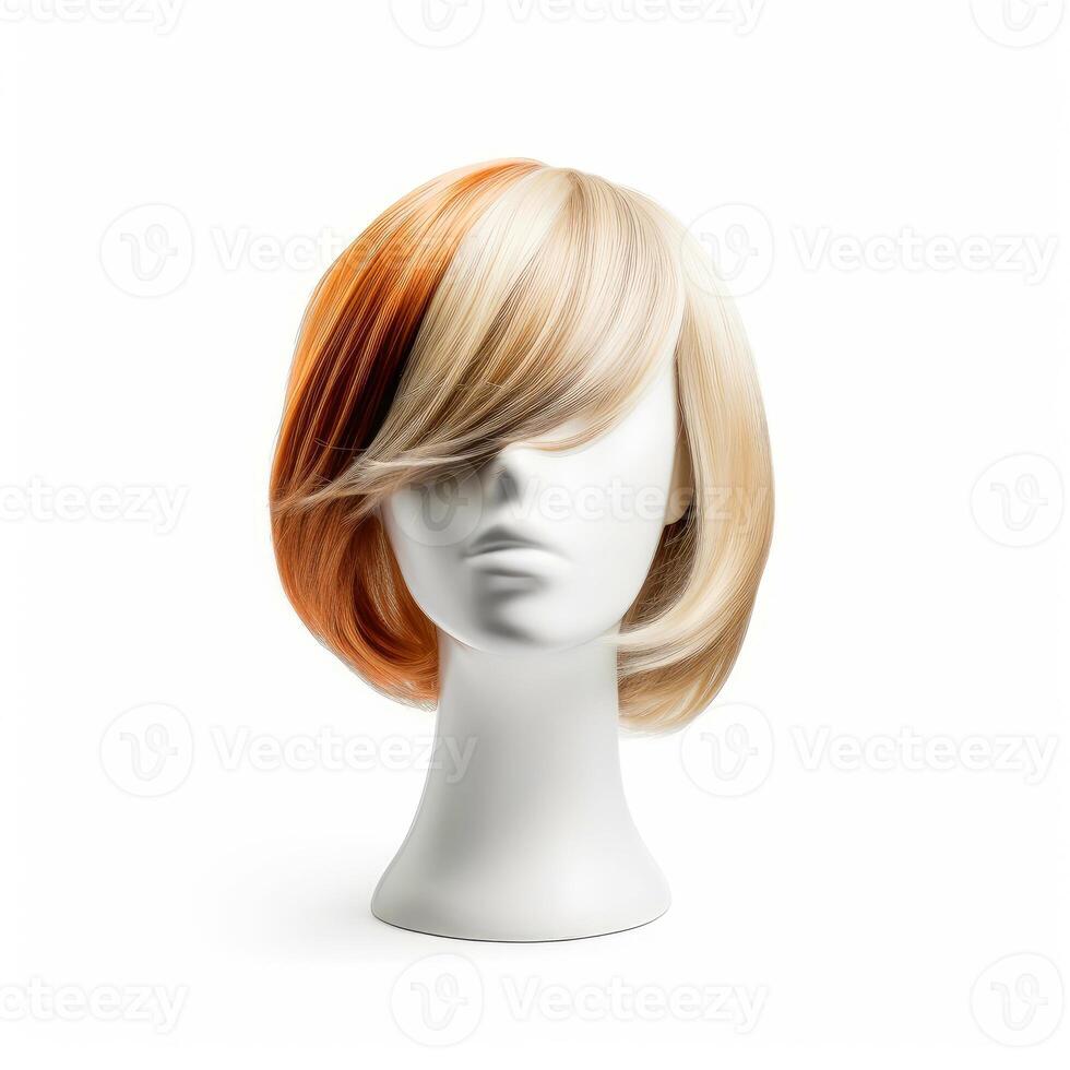 Hair wig over the plastic mannequin head isolated over the white background, mockup featuring contemporary women's hairstyles, Generative AI illustration photo