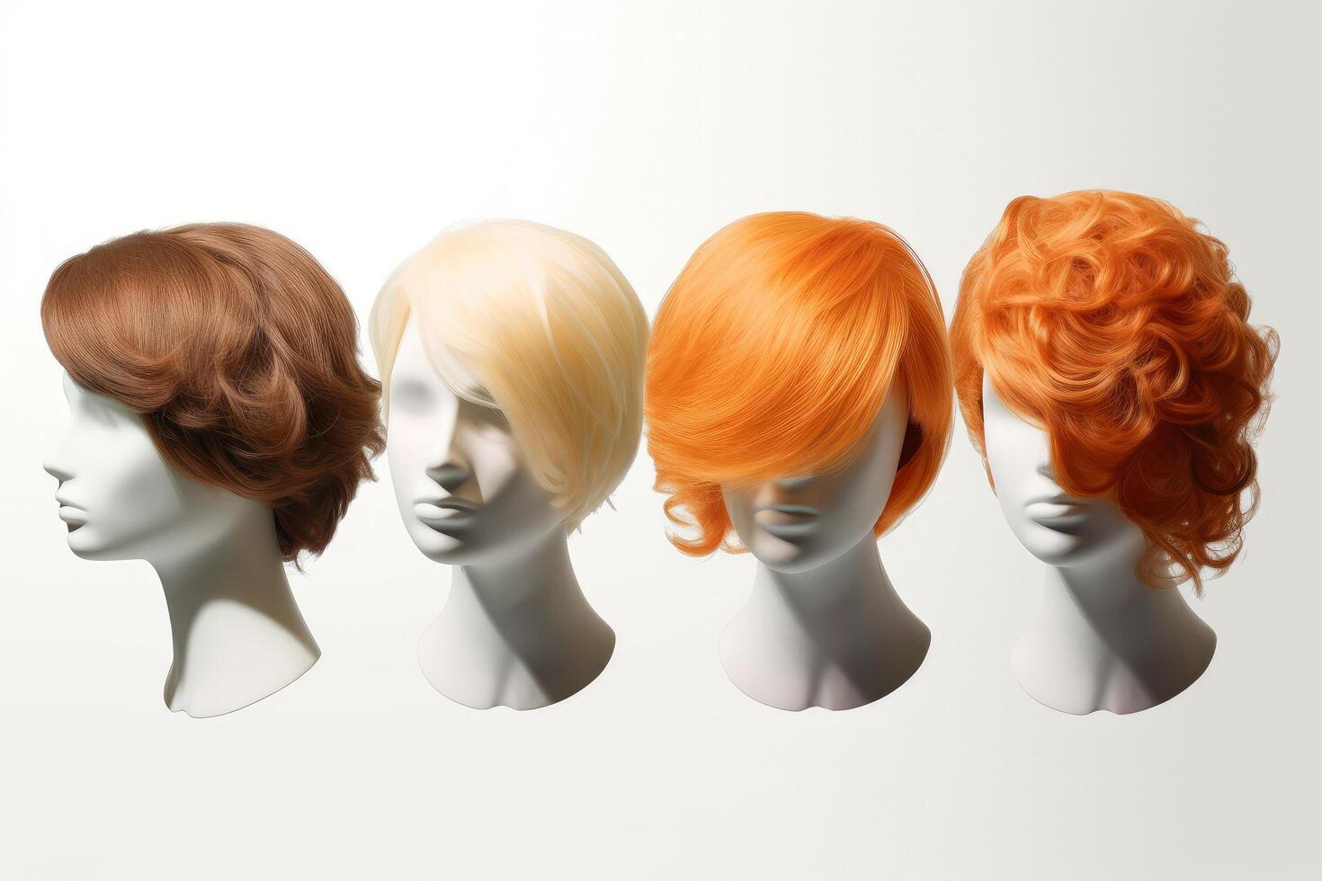 Hair wig over the plastic mannequin head isolated over the white background, mockup featuring contemporary women's hairstyles, illustration photo