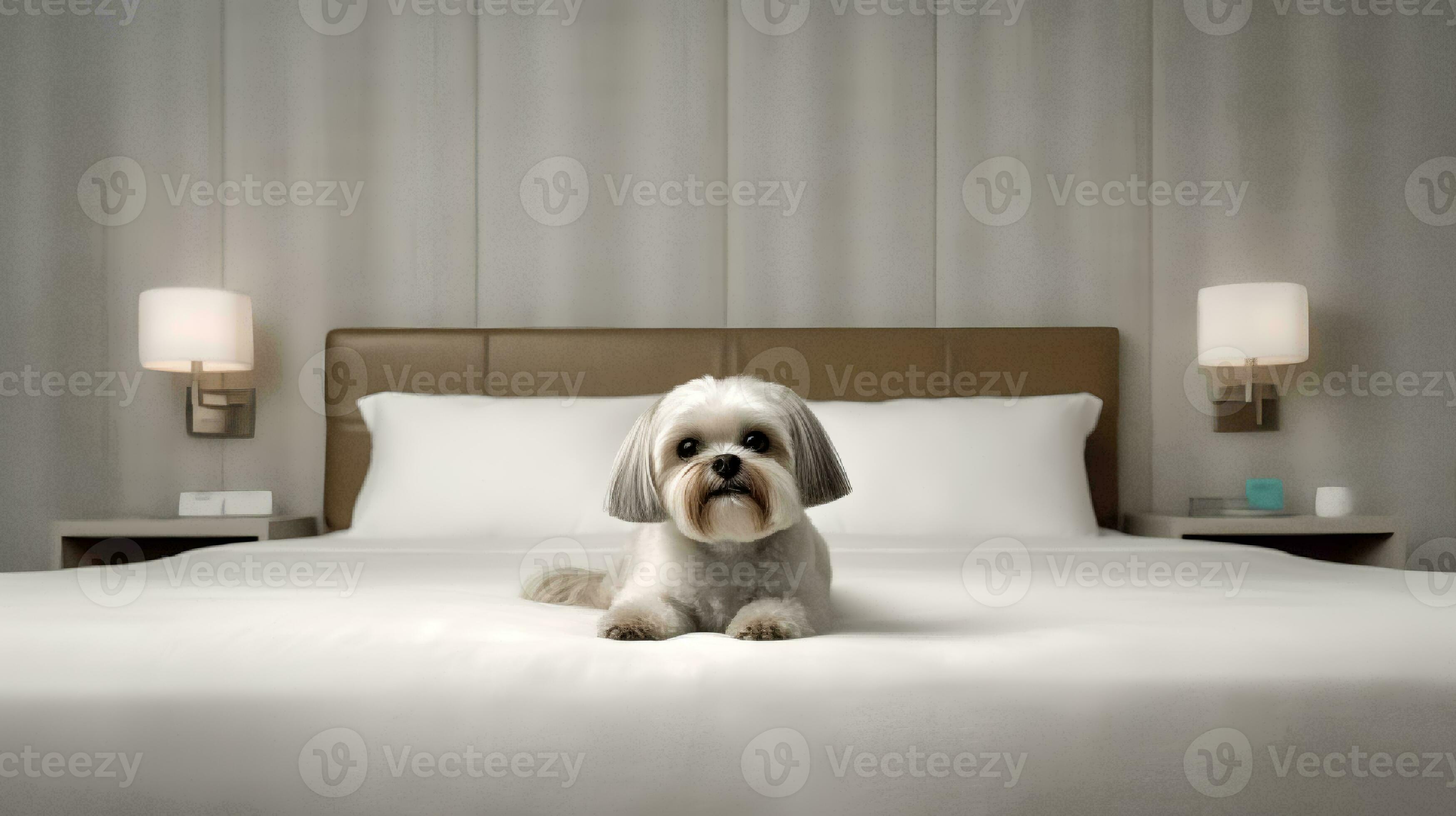 Lhasa apso dog lying on bed in hotel with contemporary interior design