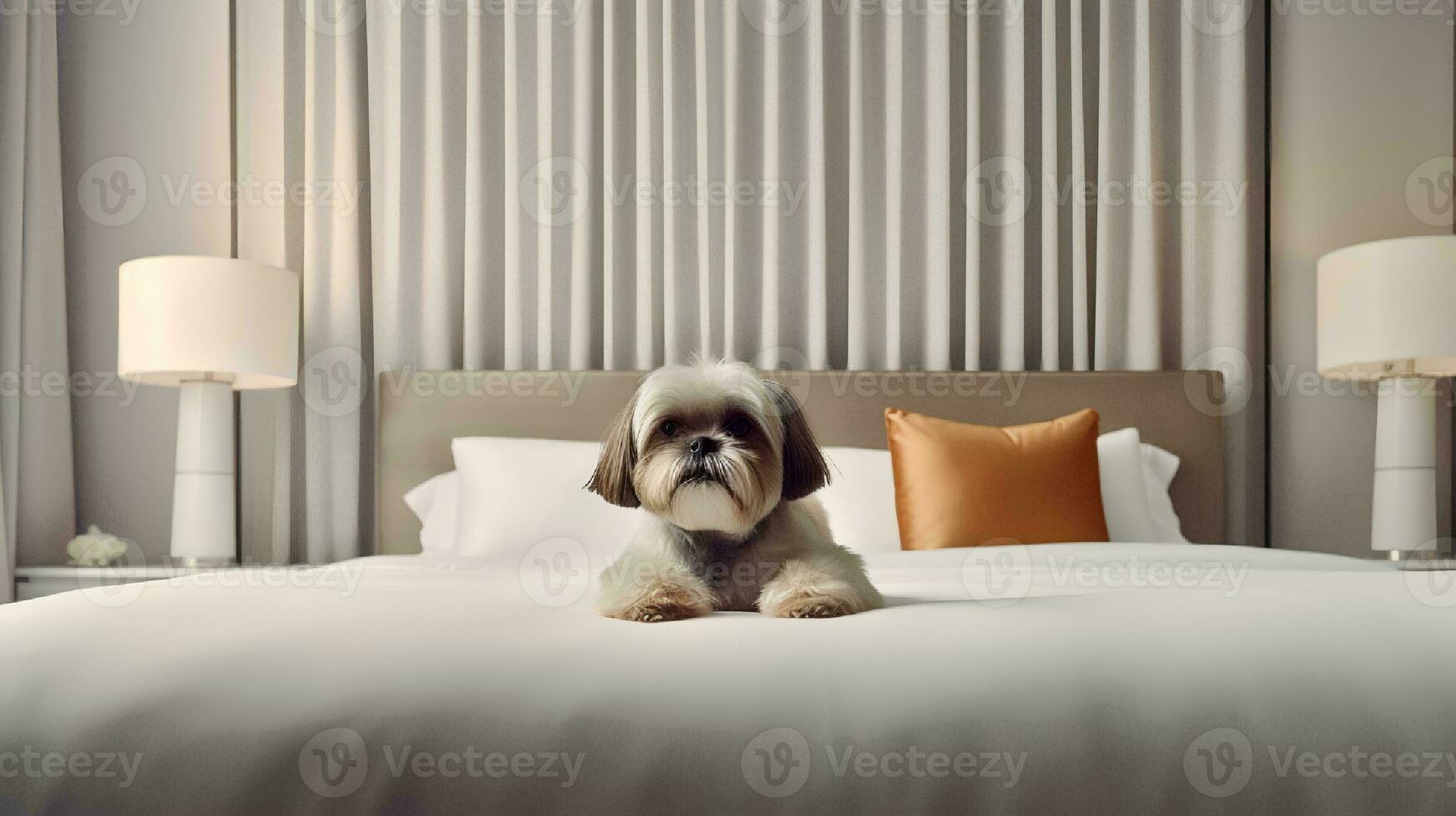 Shih tzu dog lying on bed in hotel with contemporary interior design