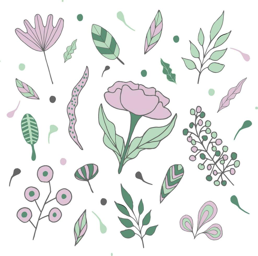 Simple abstract hand drawings of various shapes and doodles.Botanical nature flowers and leaves objects.Gentle pink and green vector illustration elements.Hand drawn.