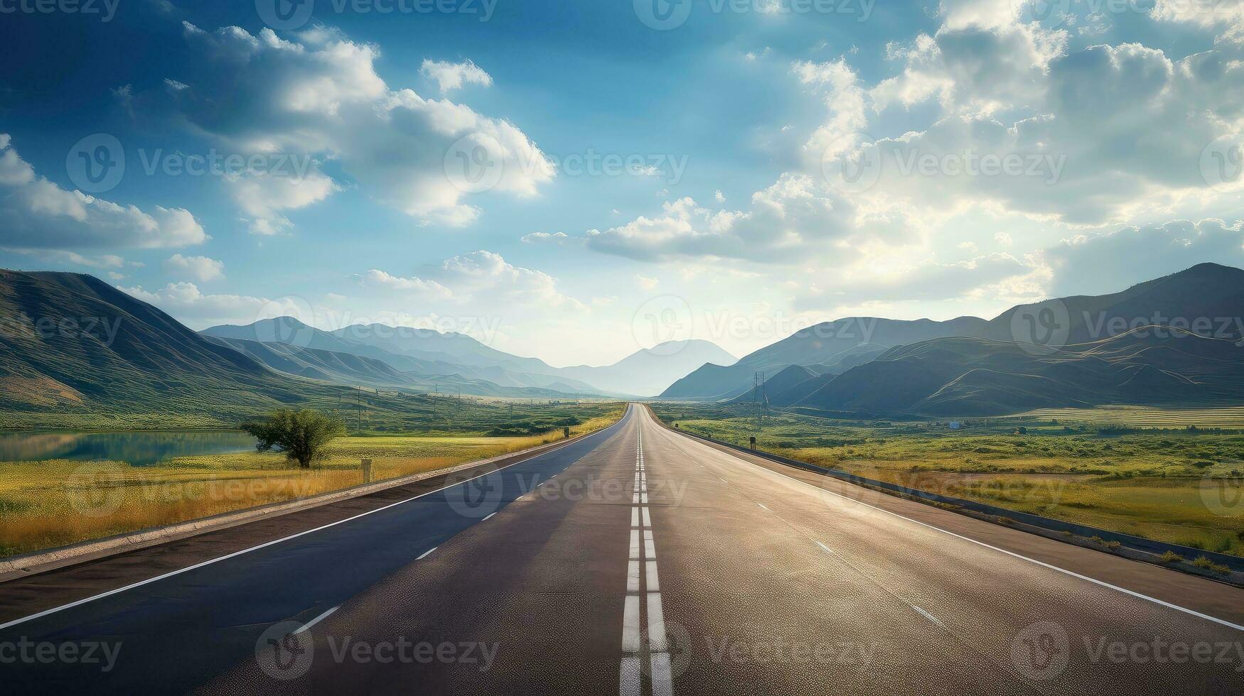 Illustration image of landscape with country road, empty asphalt road on blue cloudy sky background. Multicolor vibrant outdoors horizontal image, Generative AI illustration photo