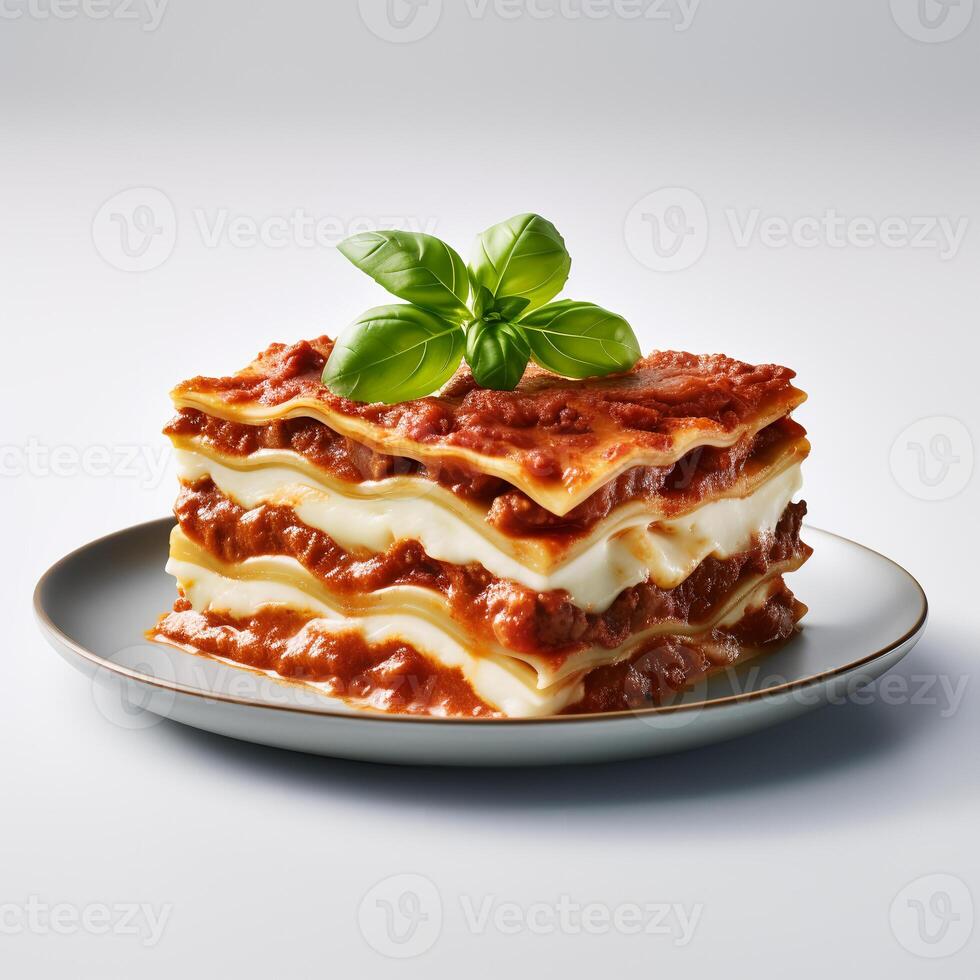 Food photography of Lasagna on plate isolated on white background. photo