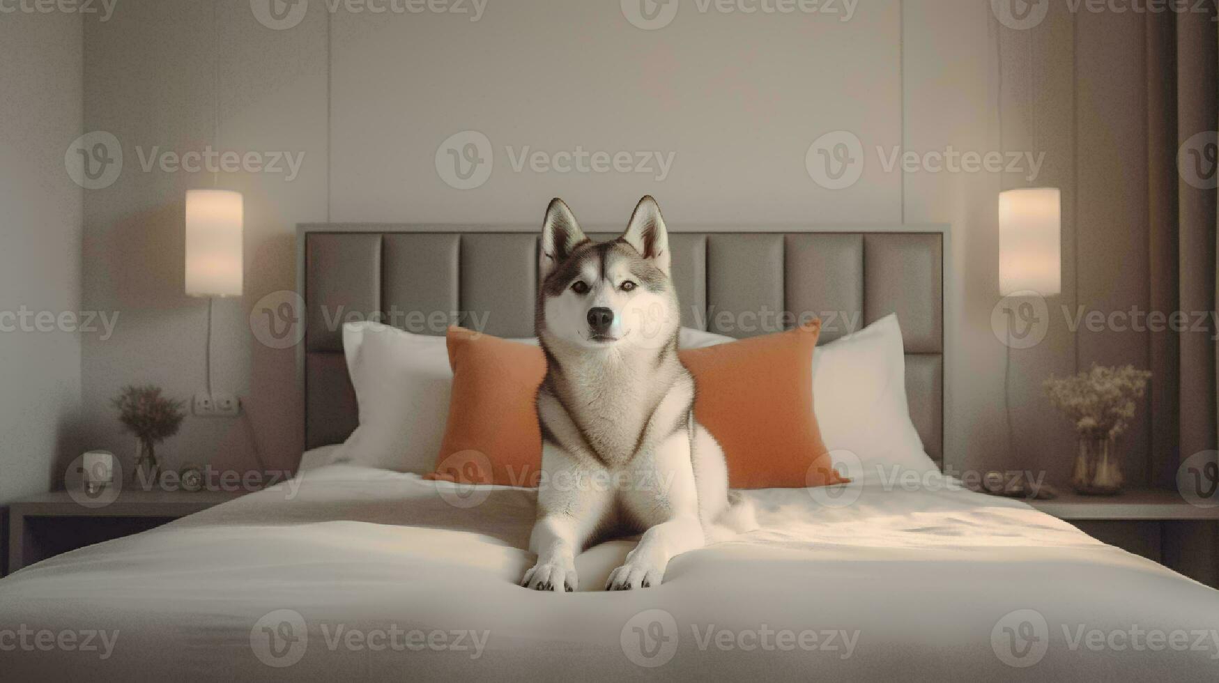 Siberian husky dog lying on bed in hotel with contemporary interior design. Generative AI photo