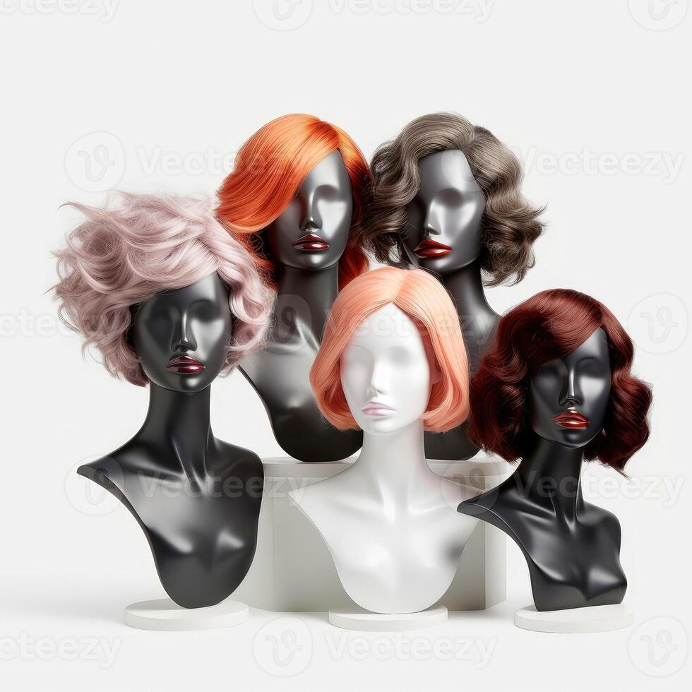 Hair wig over the plastic mannequin head isolated over the white background, mockup featuring contemporary women's hairstyles, illustration photo