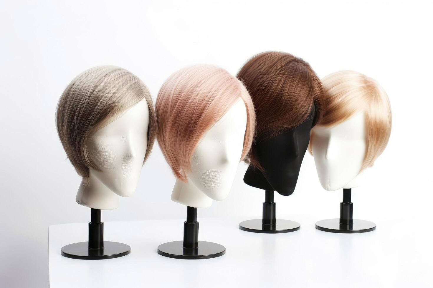 Hair wig over the plastic mannequin head isolated over the white background, mockup featuring contemporary men's hairstyles, Generative AI illustration photo