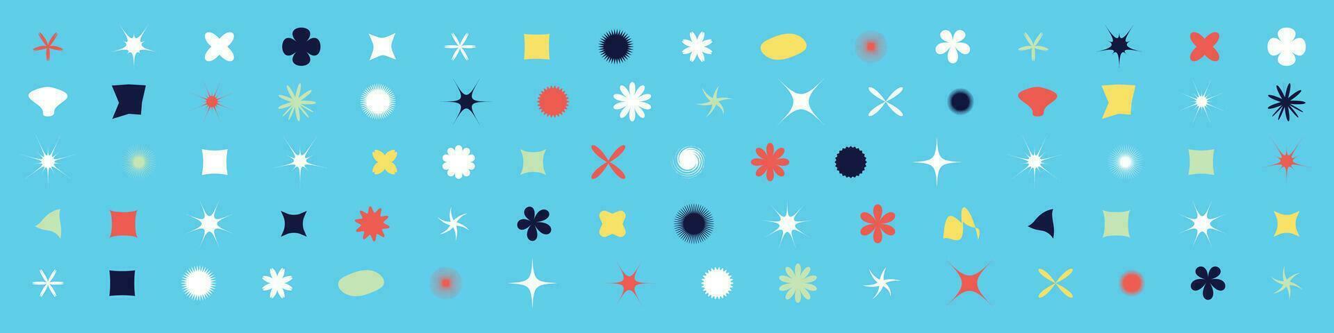 Geometric shapes, star symbols, flower design in Y2K retro style. Abstract graphic stickers and figures, icons. Flat vector illustrations isolated background.