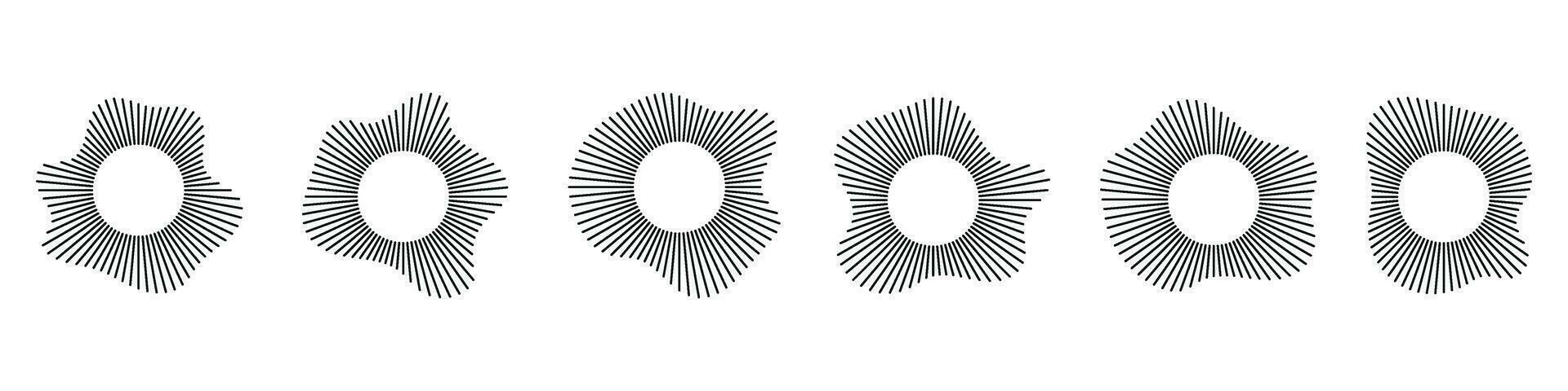 Circular shapes of sound waves, for audio music, round icons of voice, logos, equalizers, radials in spectrum, patterns in rings. Flat vector illustrations isolated on white background.