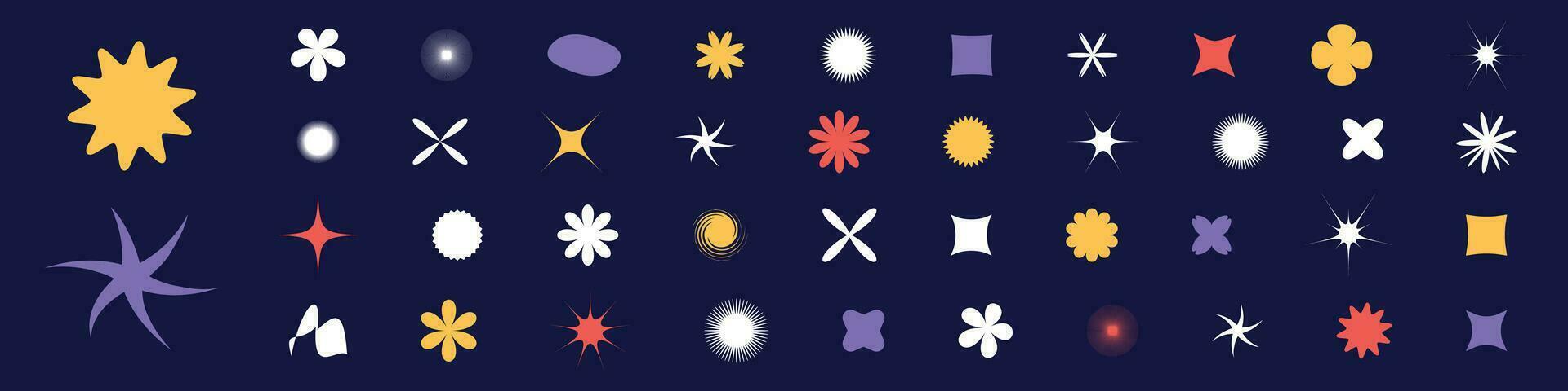 Abstract geometric shapes, iconic star and flower elements in retro Y2K design. Stickers and figures in funky graphic style. Flat vector illustrations isolated background.