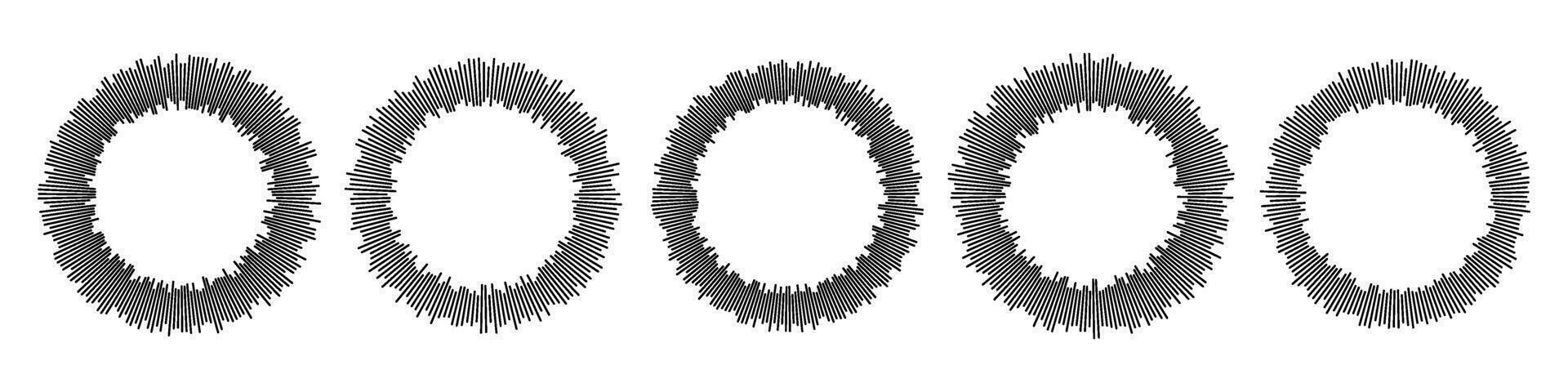 circular música visualización. colección de vector diseños representando sonido ondas, audio late y voz en un radial círculo. dinámica onda de sonido igualada efectos como iconos ilustraciones