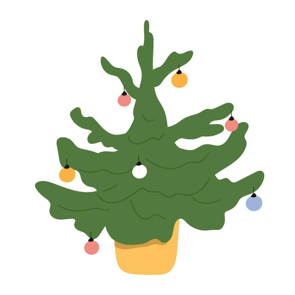 Hand-Drawn Christmas Tree Icon. Festive Xmas Spruce. Green Fir Cartoon with Decorated Ornaments. Flat Illustrations Isolated on White Background. vector