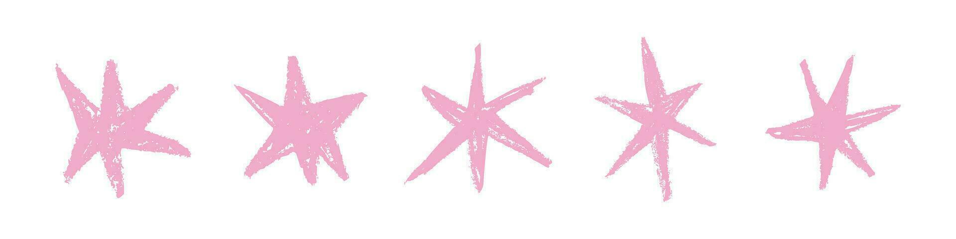 Shape elements, abstract. Graphic pink stars among scribble doodles, color collage. Flat vector illustrations isolated on white background